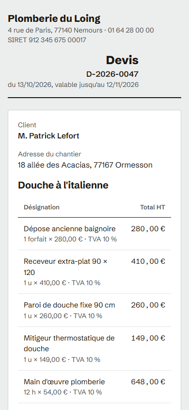 Le devis côté client : les lignes du devis, le total et la zone de signature au doigt.